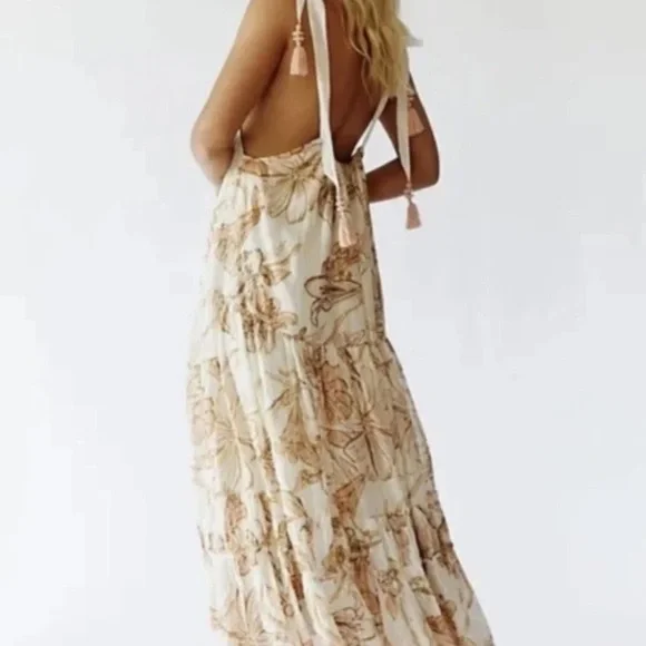 Free People Bare It All Floral Maxi Dress in Cream and Brown NEW S - Picture 2 of 9